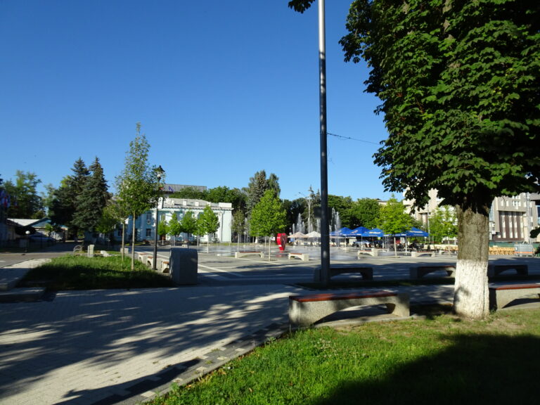 Begrünter Bereich vor einem geplefgten Platz mit Springbrunnen im Hintergrund